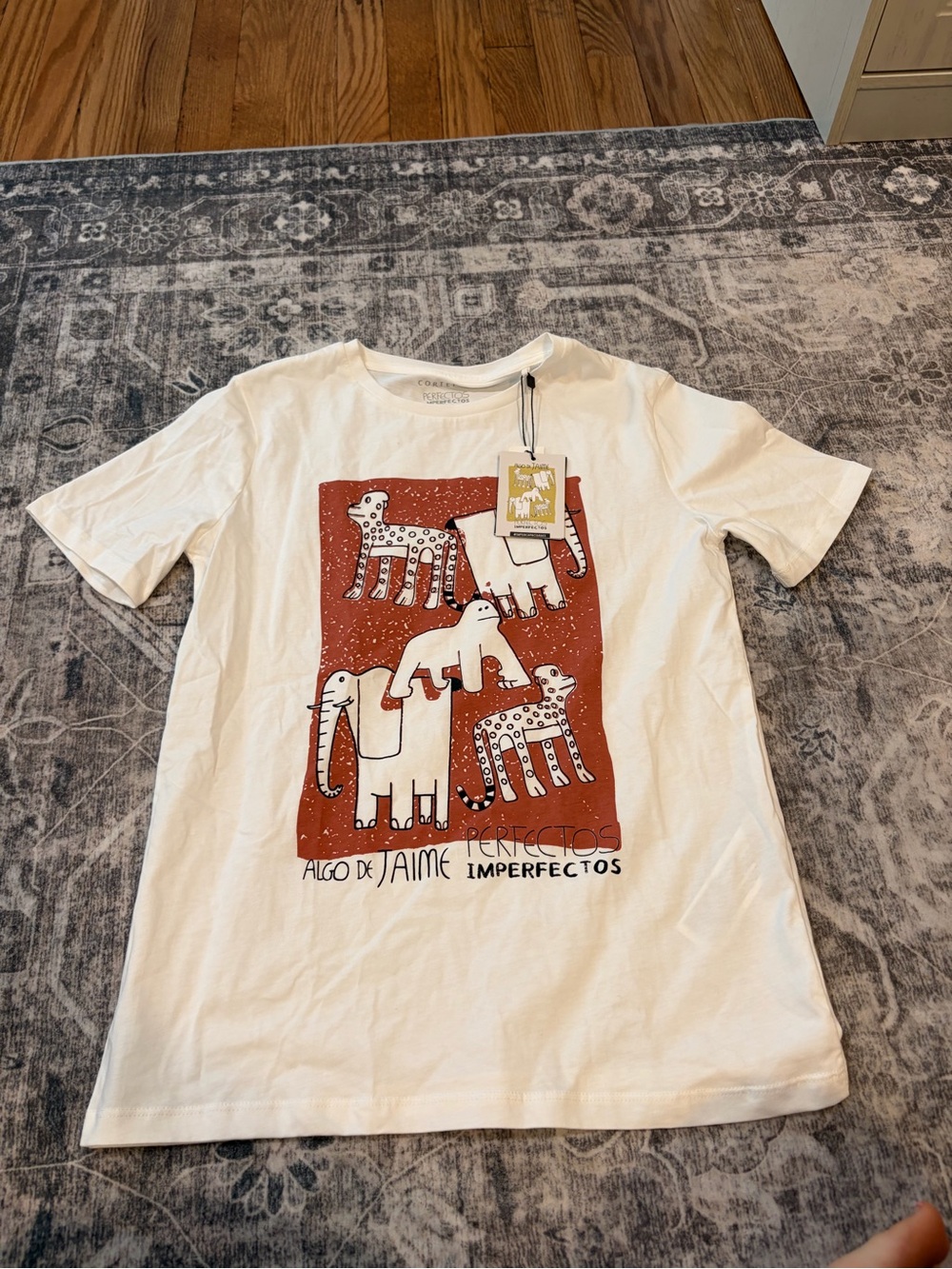 White Short Sleeve Graphic Tee with Rust Elephant Panel